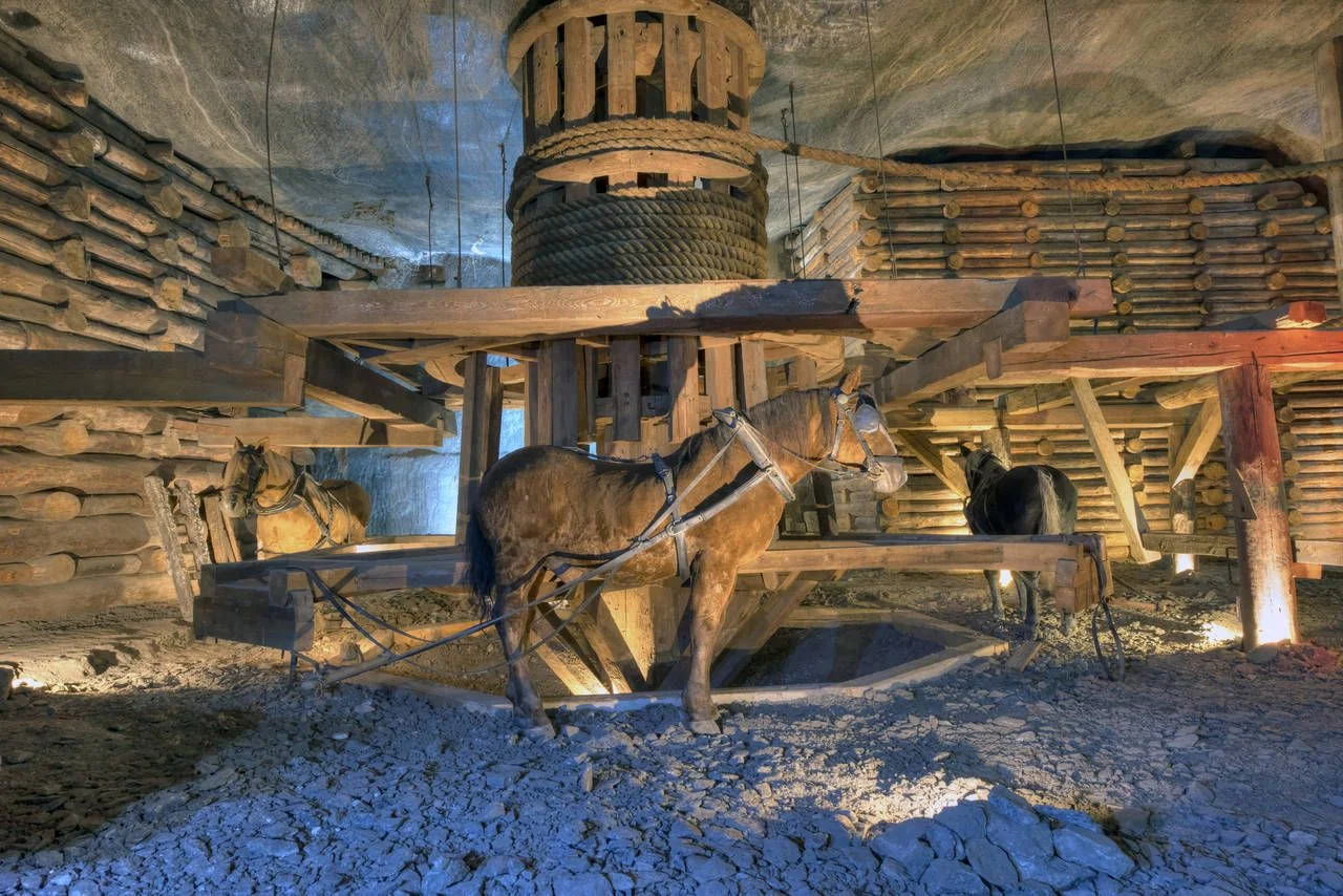 18th century horse treadmill wooden machinery in Wieliczka Salt Mine