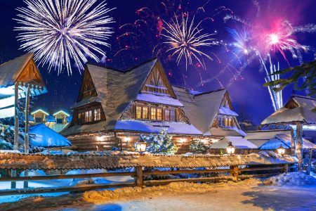 New Years firework display in Zakopane at snowy night, Poland