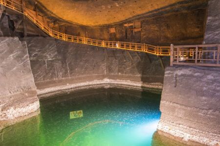 The Erazm Baracza Chamber and subterranean lake in the Wieliczka Salt Mine, near Krakow, in southern Poland