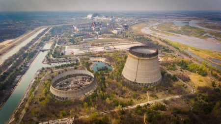 Aerial shot of Chernobyl nuclear reactor with straight canals around in spring