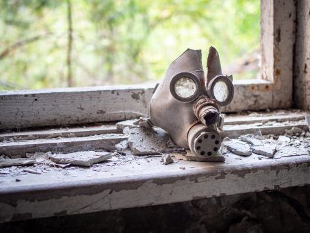 Old children’s gas mask inside of the abandoned Pripyat Elementary School No. 3 in Pripyat city, Chernobyl Exclusion Zone, Ukraine