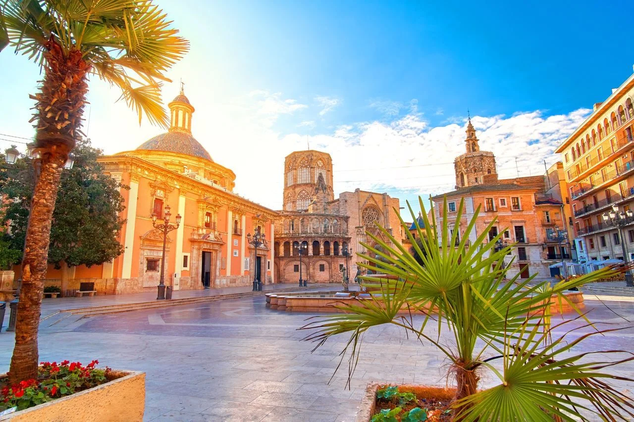 Fountain Rio Turia on Square of the Virgin Saint Mary, Valencia Cathedral, Basilica of Virgen the Helpless