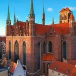 Aerial view of the St. Mary’s Basilica in Gdansk at sunrise
