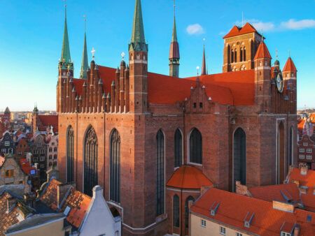 Aerial view of the St. Mary’s Basilica in Gdansk at sunrise