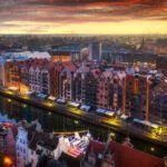 Aerial view of the old town of Gdansk at dawn, Poland