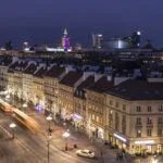 Night panorama of Krakowskie Przedmiescie street in Warsaw