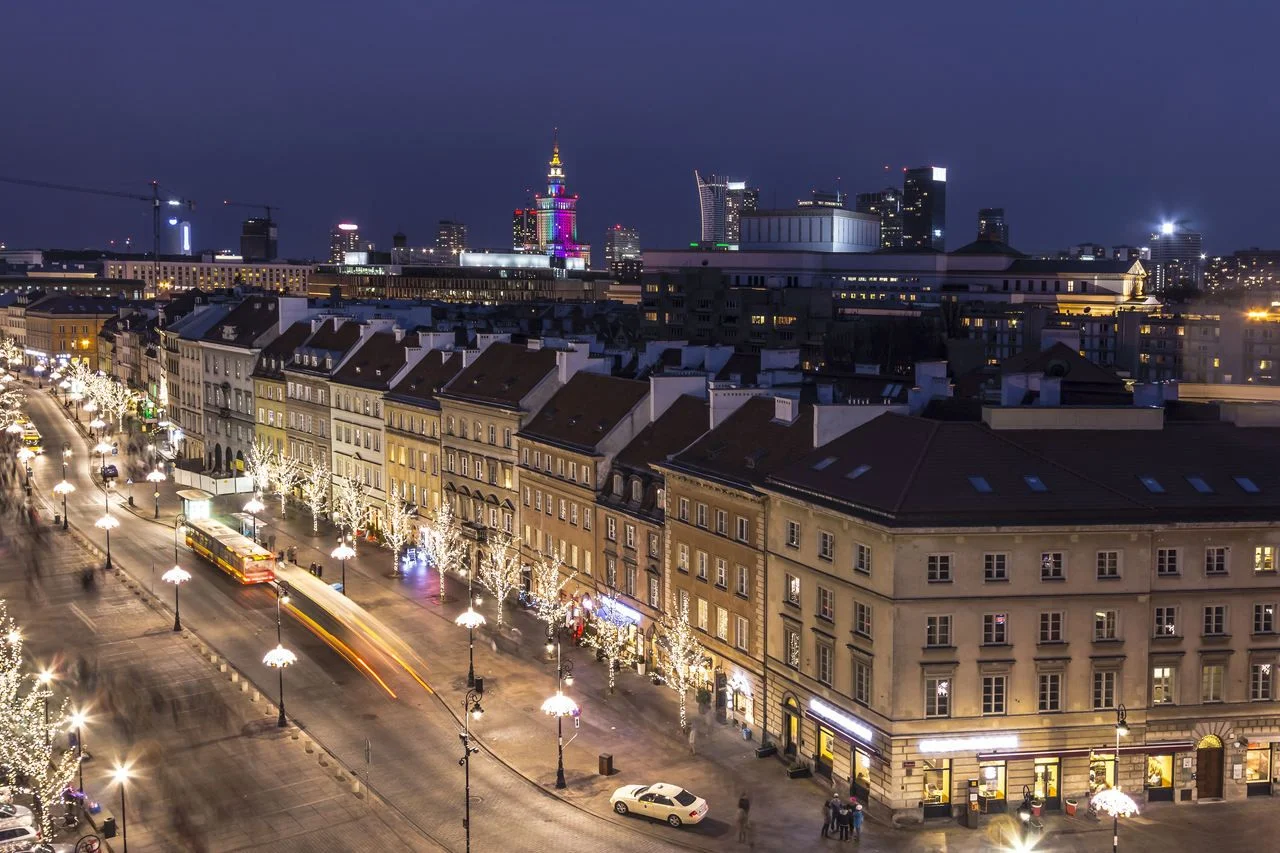 Night panorama of Krakowskie Przedmiescie street in Warsaw