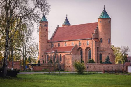 Side view of St John the Baptist Roman Catholic fortified church in Brochow village in Sochaczew