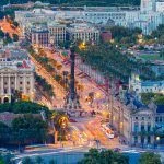 Aerial view over square Portal de la pau, and Port Vell marina and Columbus Monument at evening in Barcelona, Catalonia, Spain