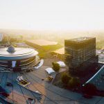 Beautiful sunrise over city center of Katowice