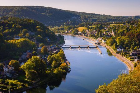 Belgium. Belgian countryside landscape with river meuse. Wallonian town Riviere and Godinne.