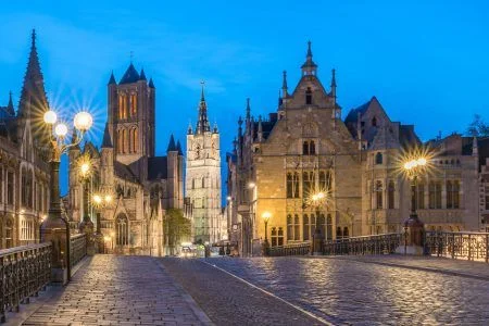 Ghent, Panoramic View of Graslei Korenlei Streets, Saint Bavo Cathedral, St Michael’s Bridge, Saint Nicholas’ Church, Korenmarkt (grain Market), Old Post Office, Clock To