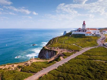 Picturesque spring Cabo da Roca landscape with lighthouse, Sintra-Cascais Natural Park