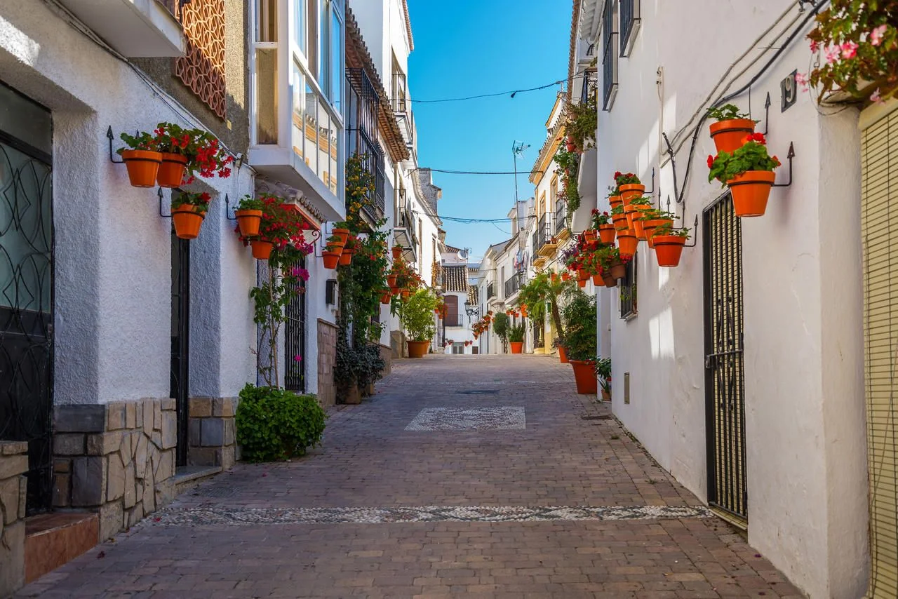 A typical street in old city Estepona with colorful flower pots