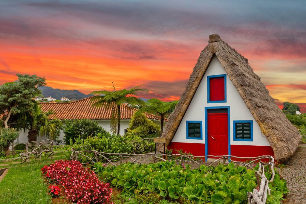 Madeira island rural traditional house sunset village landscape, Portugal, Santana.