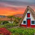 Madeira island rural traditional house sunset village landscape, Portugal, Santana.