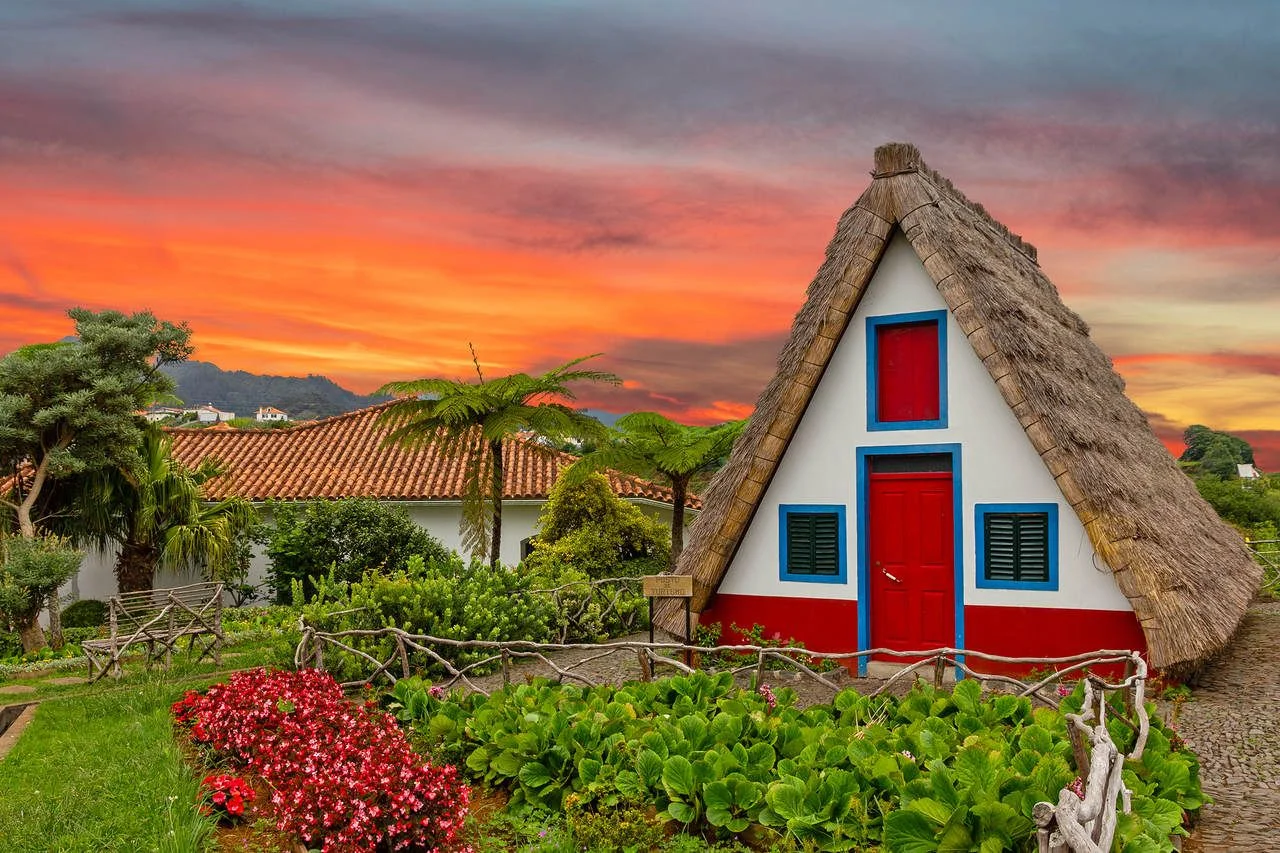 Madeira island rural traditional house sunset village landscape, Portugal, Santana.