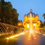 Monumento a los Caidos from fountain in evening. Pamplona, Navarre