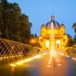 Monumento a los Caidos from fountain in evening. Pamplona, Navarre
