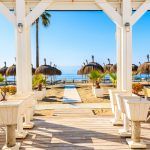 Path from restaurant to beach in Marbella town, Costa del Sol, Spain