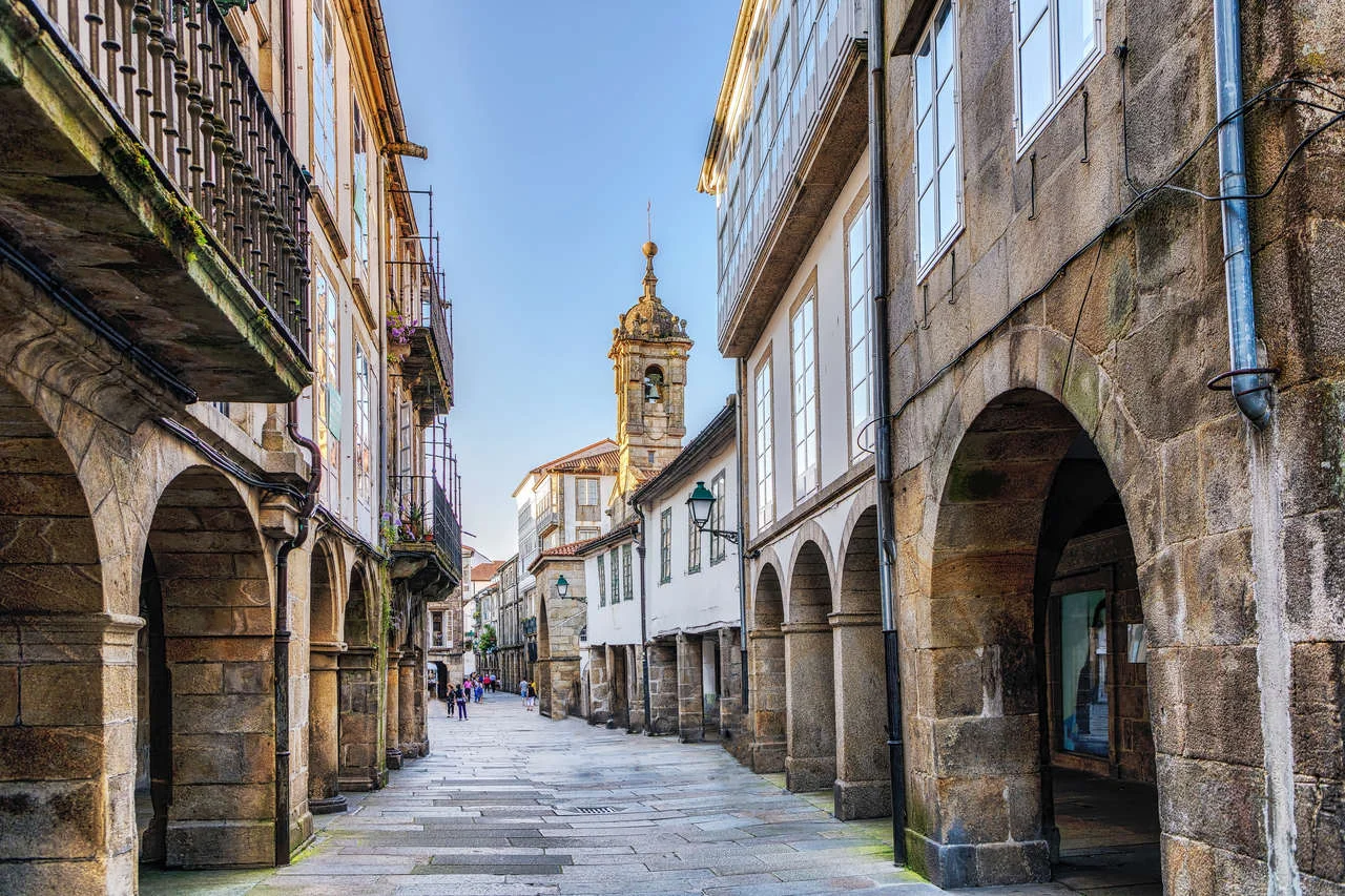 Pedestrian street in old town Santiago de Compostela, Spain
