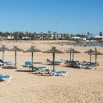 Sun lounger on the beach of Caleta de Fuste, Canary Island Fuerteventura, Spain