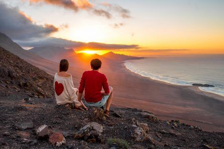 Sunset with beautiful view on the sea coast in Cofete in the island of Fuerteventura