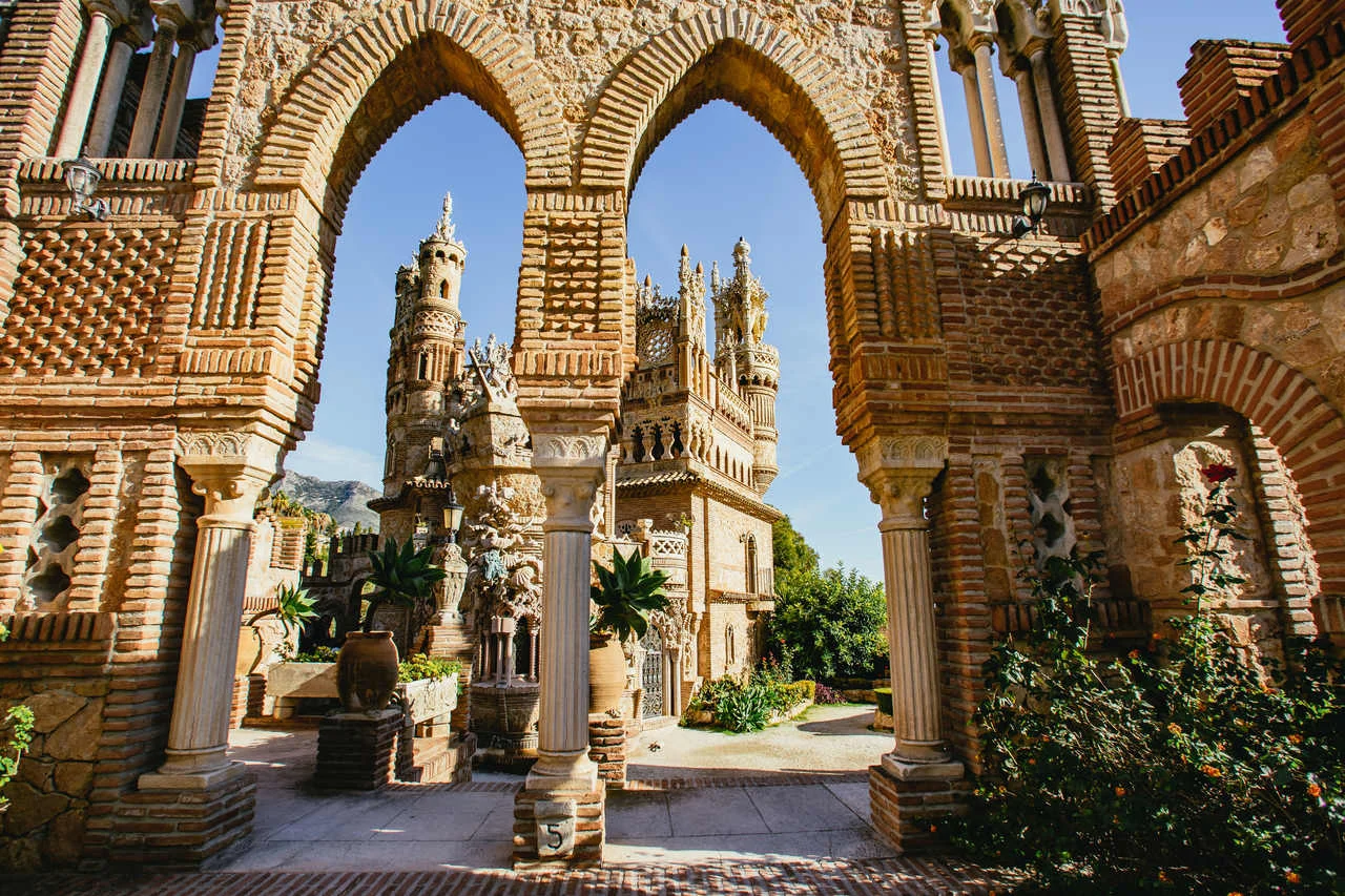 View through arches of Castillo de Colomares Benalmadena, Malaga, Spain