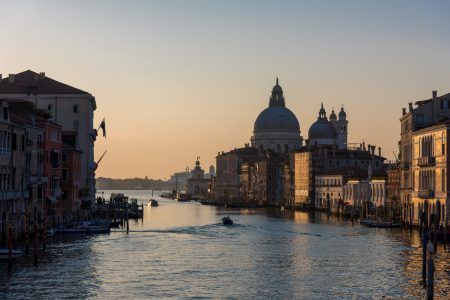 A wide angle shot of the Gallerie dell’Accademia Museum next to the water in Venice, Italy