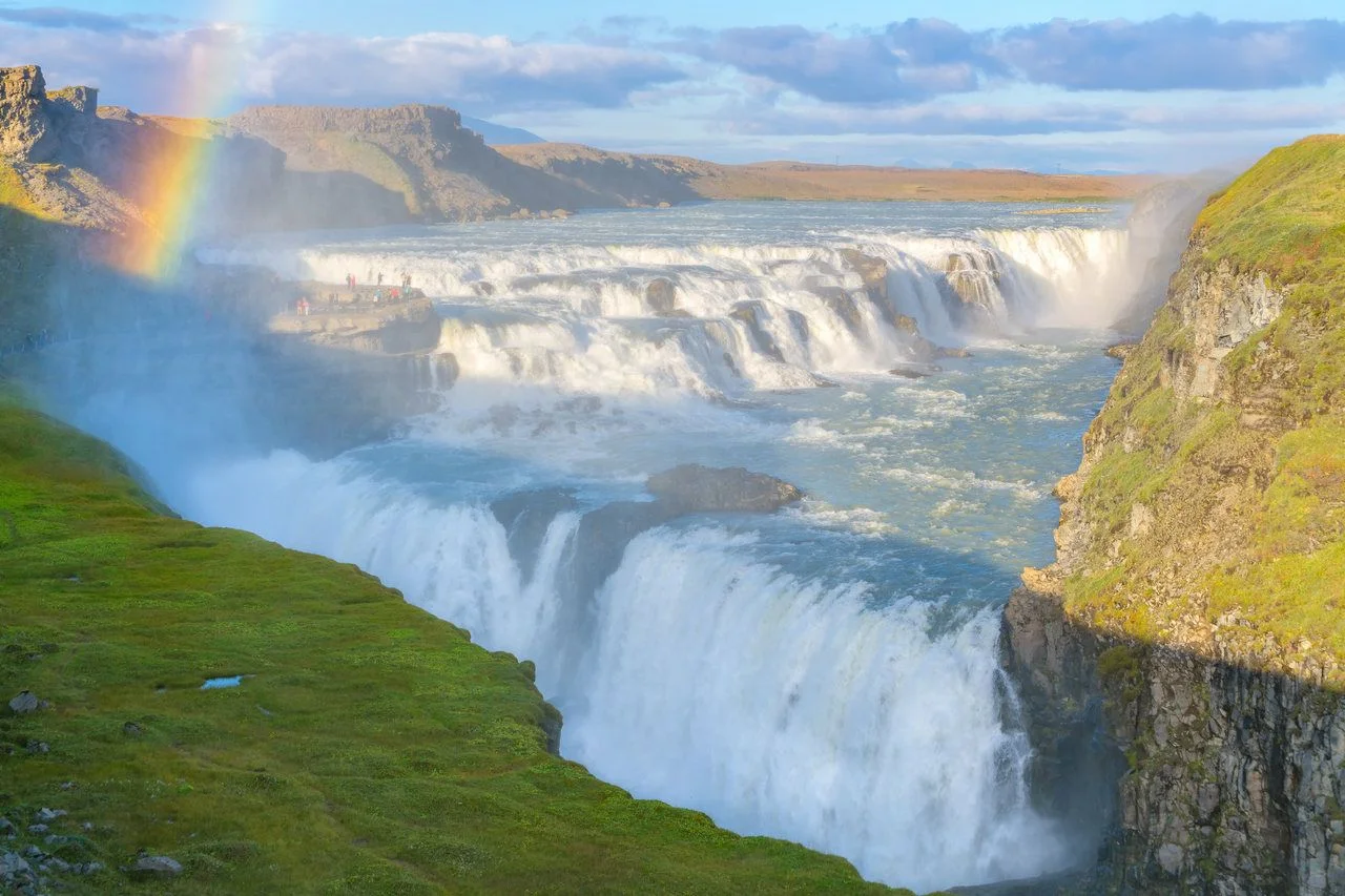 Amazing Gullfoss waterfall with rainbow in Iceland