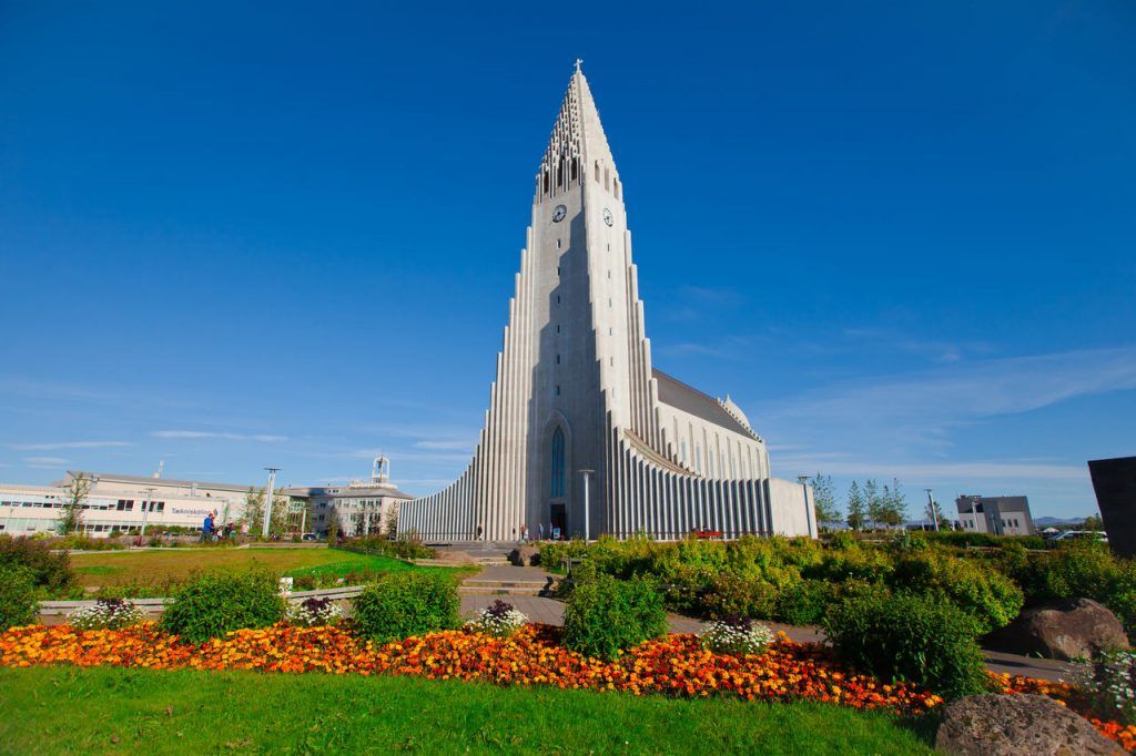 Beautiful super wide-angle aerial view of Hallgrimskirkja Cathedral.