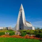 Beautiful super wide-angle aerial view of Hallgrimskirkja Cathedral.