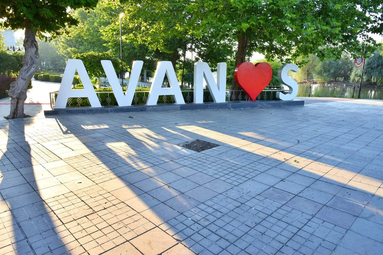 Central square in Avanos Town, Turkey with big letters “Avanos” and red heart symbol. Place for photo shoot in Avanos city