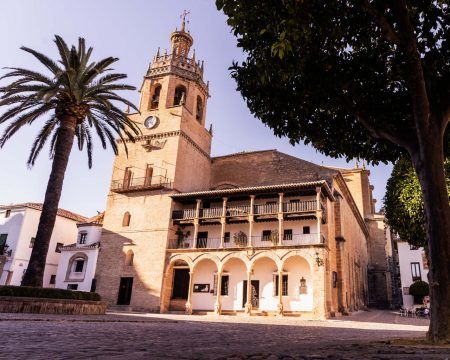Church of Santa Maria la Mayor with trees and a palm tree in Ronda, Malaga, Andalusia, Spain.