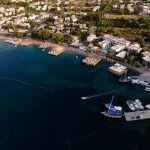 Drone view Göltürkbükü seaside and Mediterranean at summer season in Bodrum Mugla