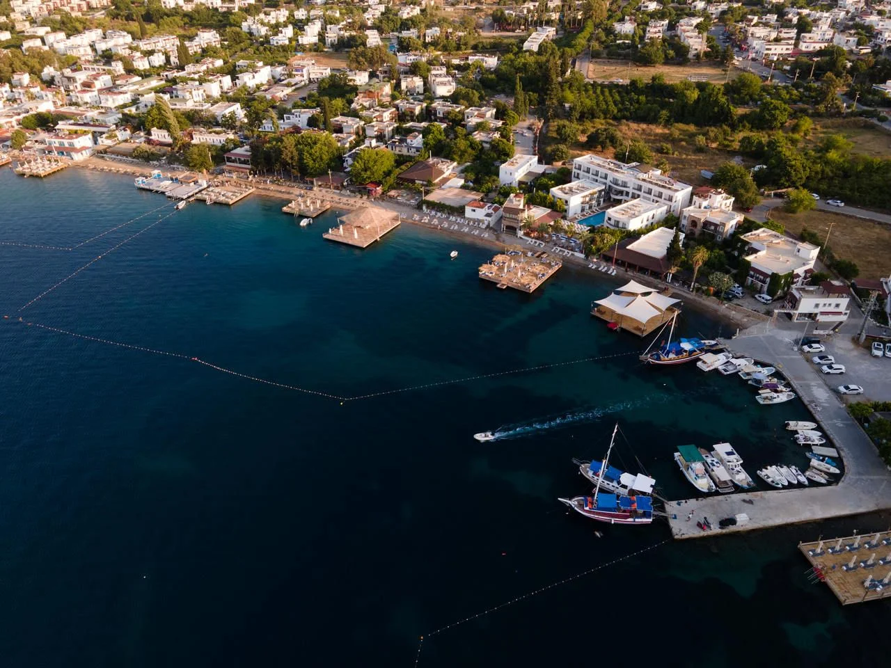 Drone view Göltürkbükü seaside and Mediterranean at summer season in Bodrum Mugla