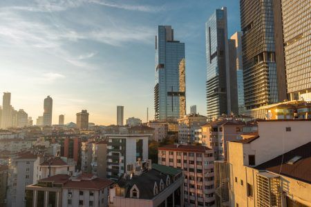 Istanbul, Turkey, Sisli, Cityscape with Big Towers and Apartments in Sunset 2019