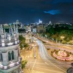 Madrid skyline between Calle de Alcalá y Gran Vía and Cibeles Fountain and Palace at night. Long Exposure of all landmark of Madrid