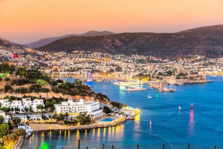 Night view to the bay and the cityscape of Bodrum, Turkey