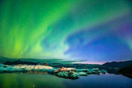 Northern Lights Aurora In Iceland set in the Glacier Lagoon
