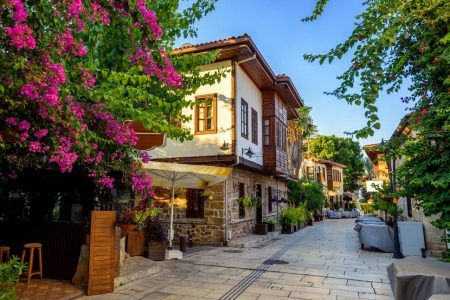 Ottoman houses on the main pedestrian street in Antalya’s Old Town district of Kaleici, Turkey