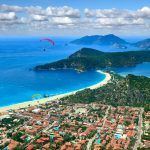 Panoramic view from Deadsea, Oludeniz or Olu Deniz Bay, Fethiye, Turkey. Paragliding take-off from Babadag.