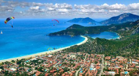 Panoramic view from Deadsea, Oludeniz or Olu Deniz Bay, Fethiye, Turkey. Paragliding take-off from Babadag.