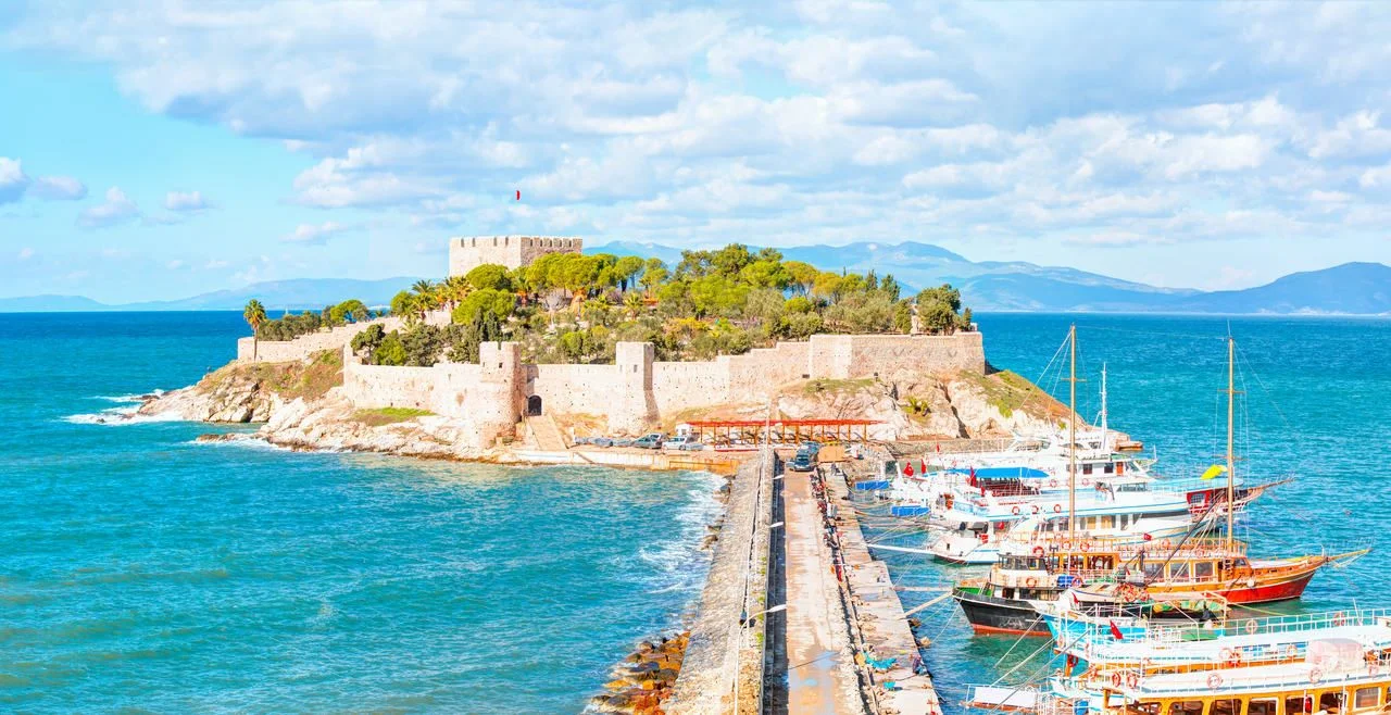 Pigeon Island with a Pirate castle. Kusadasi harbor, Aegean coast of Turkey.