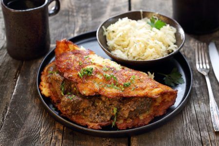 Traditional potato cake with goulash