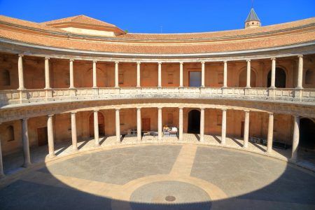 Round Patio and double colonnade of Charles V Palace inside the Nasrid fortification of the Alhambra, Granada, Andalusia, Spain