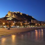 Seaside view of Alicante illuminated at night, Spain