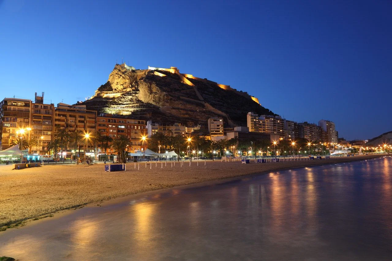 Seaside view of Alicante illuminated at night Spain