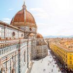 Top view of the dome of the Church of Santa Maria del Fiore and the old town of Florence