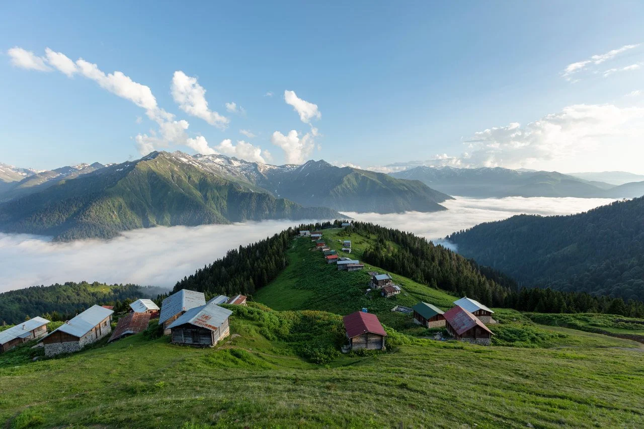 Traditional wooden houses at highlands. Landscape photo was taken in Pokut, Rize, Black Sea Karadeniz region of Turkey. Pokut is one of Rize’s highest altitude summer resorts.